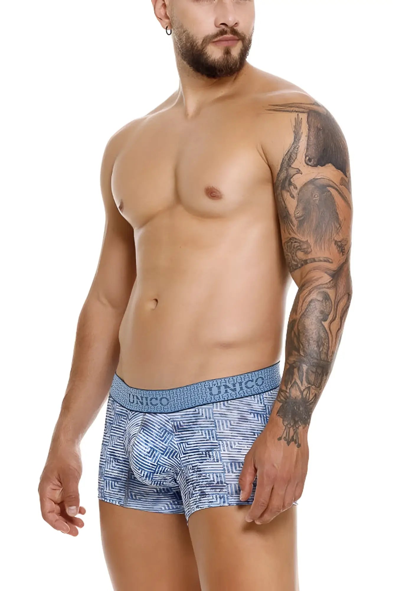 Blue patterned unico ostion trunks with textured weave and branded waistband in color 46-blue