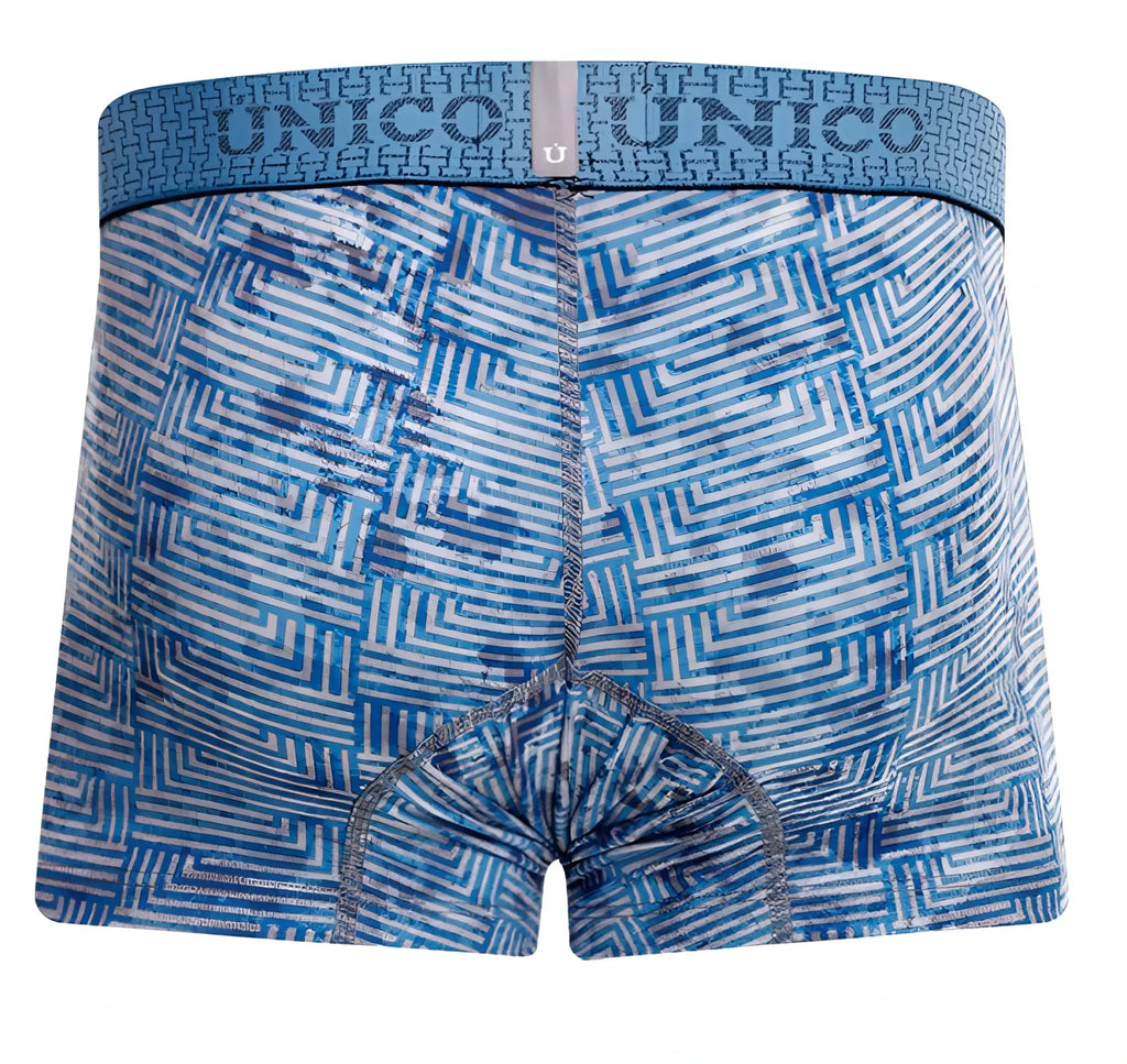 Unico 25020100111 Ostion trunks blue and white geometric pattern boxer briefs with matching elastic waistband