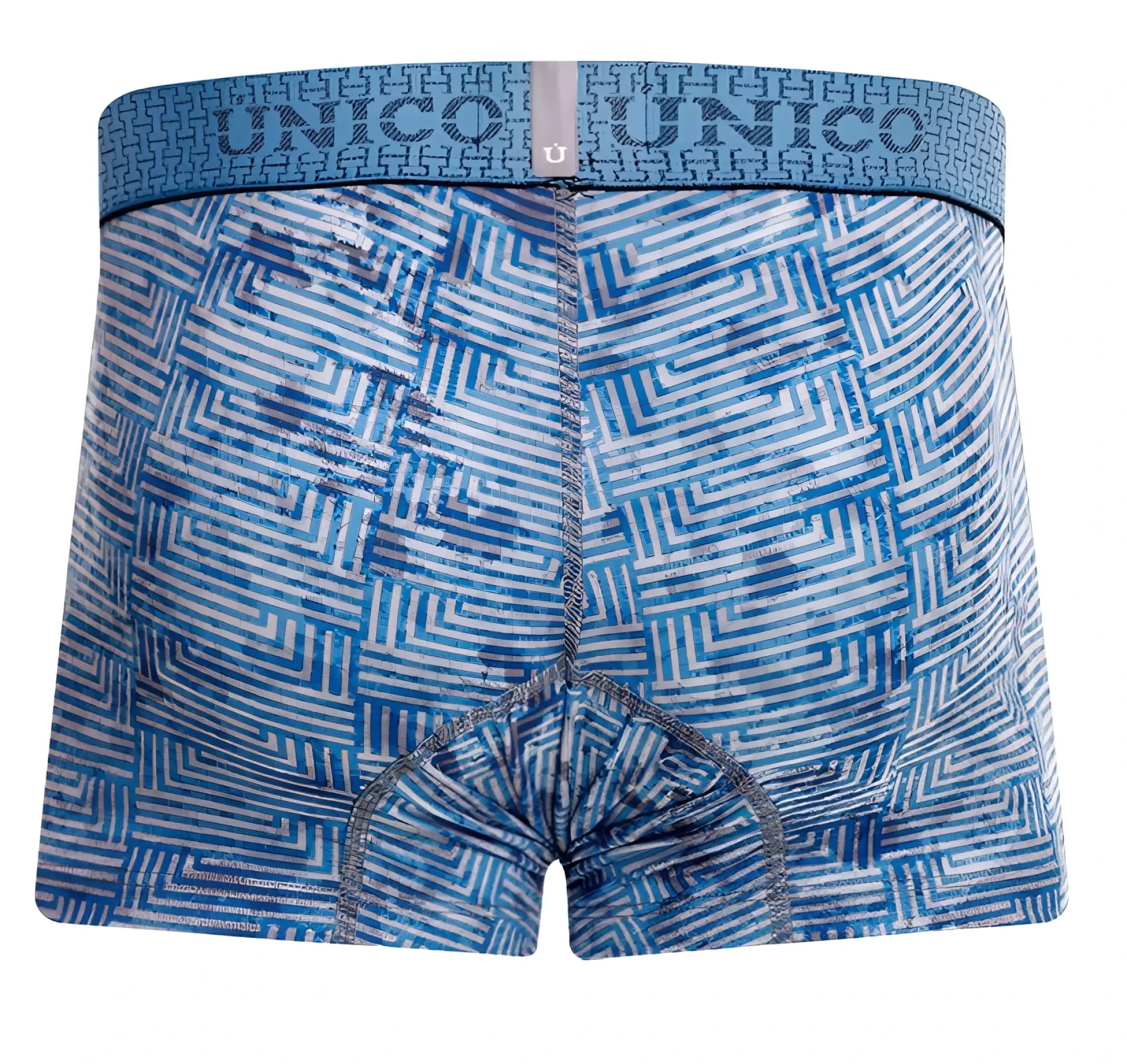 Unico 25020100111 Ostion trunks blue and white geometric pattern boxer briefs with matching elastic waistband