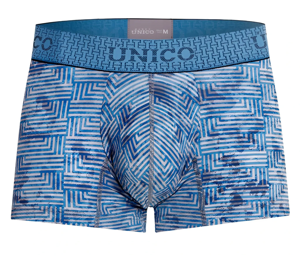 Unico 25020100111 ostion trunks blue men’s boxer briefs with blue and white geometric pattern and matching elastic waistband