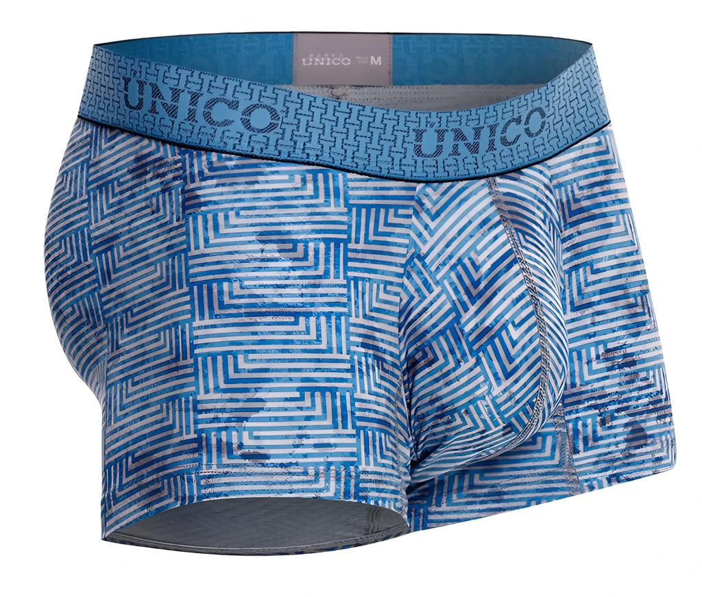 Unico ostion trunks blue men’s boxer briefs with white geometric pattern and branded elastic waistband
