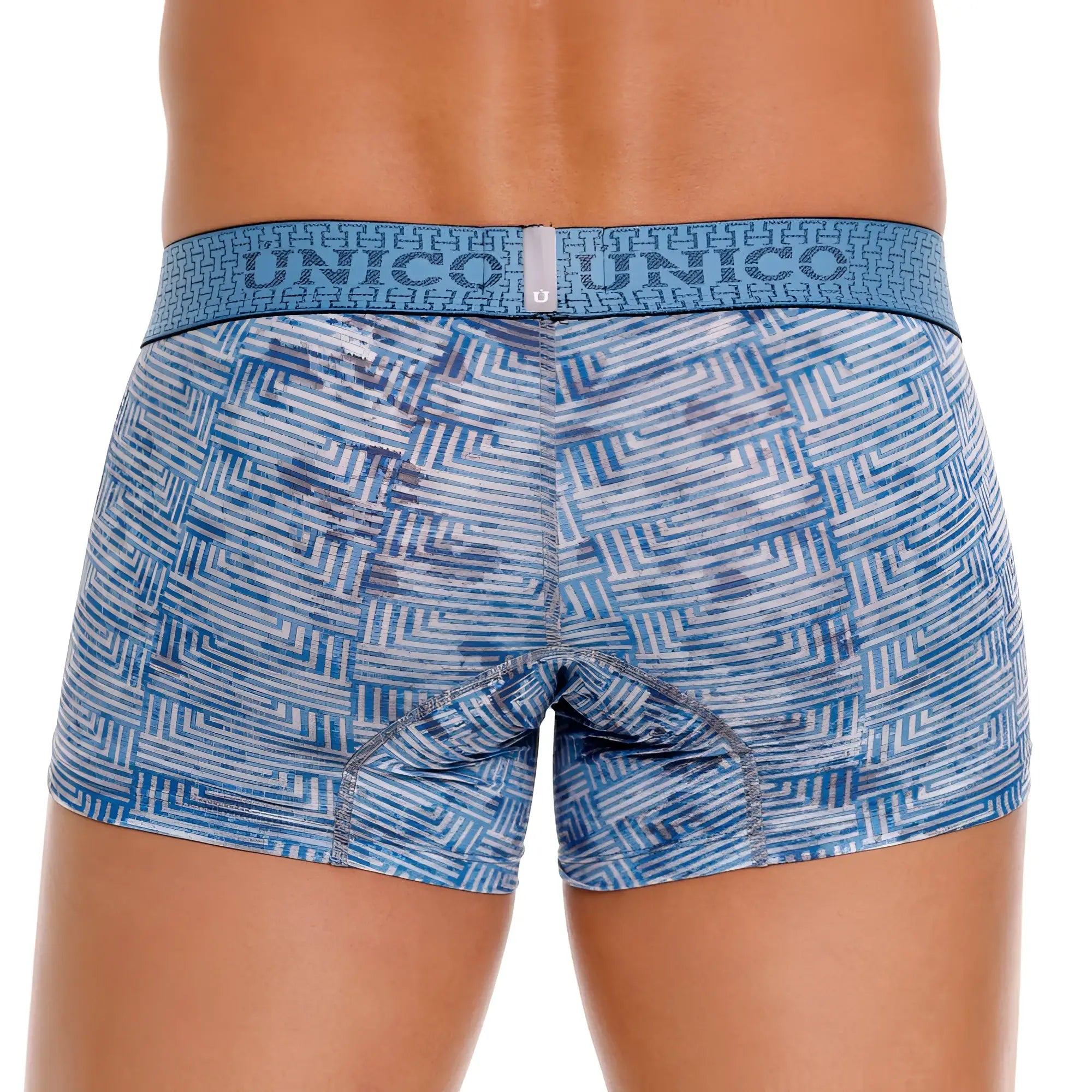 Blue and white geometric patterned unico 25020100111 ostion trunks men’s boxer briefs with matching elastic waistband