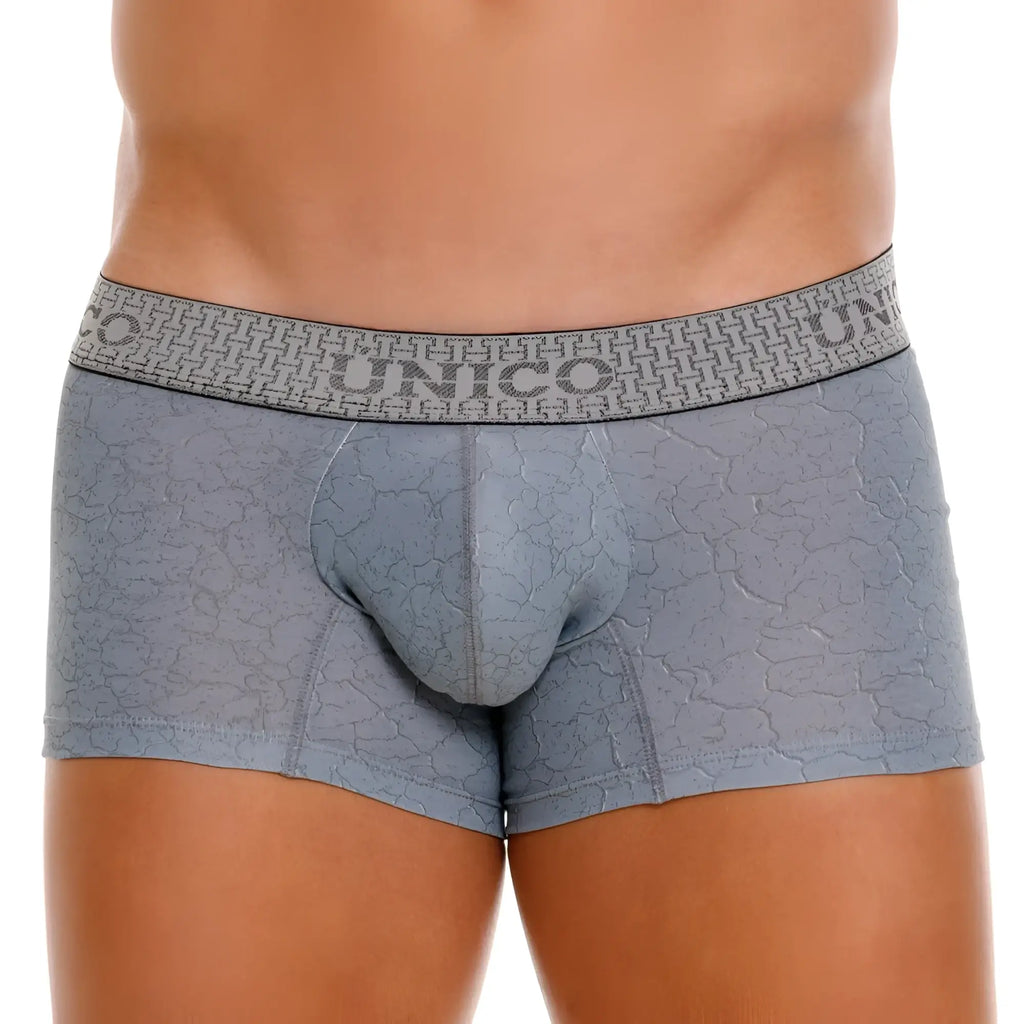 Gray unico boxer briefs with subtle cracked texture pattern and branded waistband in color 59-gray baldio trunks