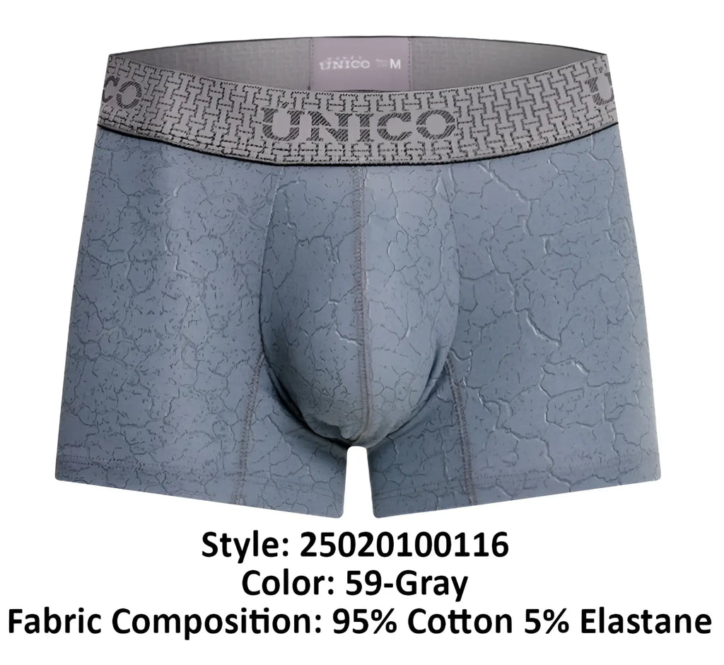 Gray unico men’s boxer briefs with subtle cracked texture and matching waistband featuring brand name color 59 gray