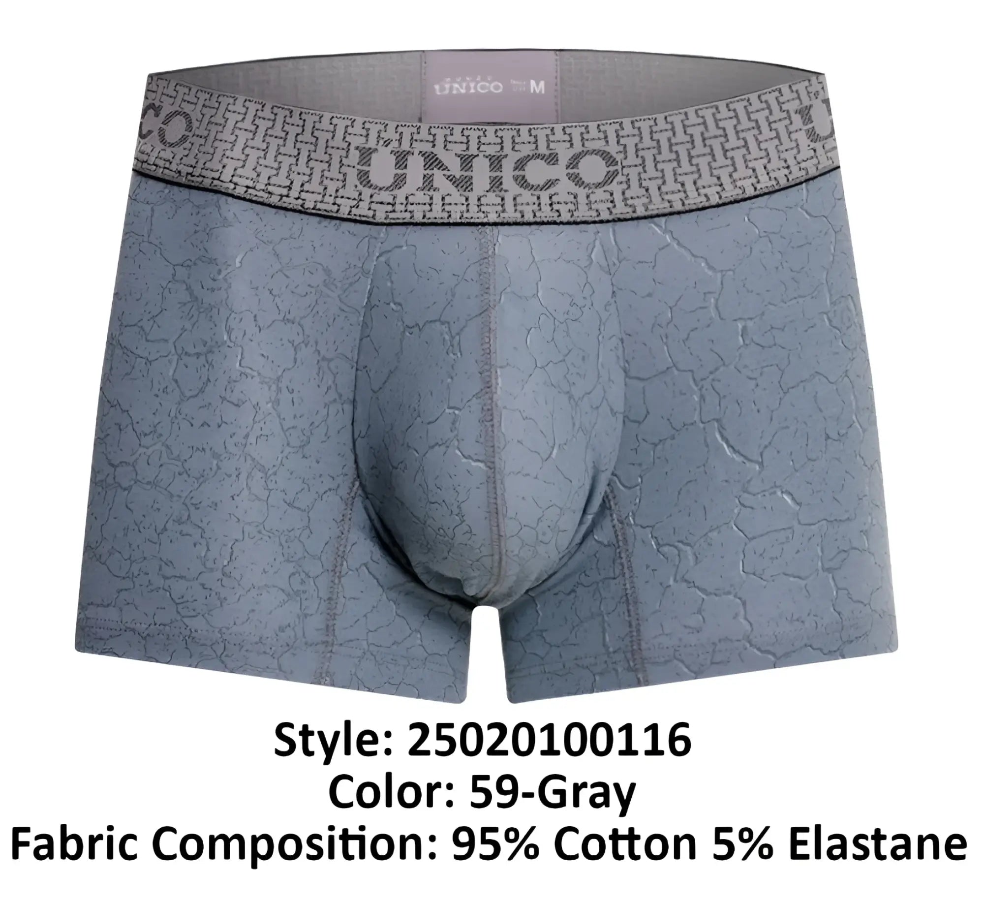 Gray unico men’s boxer briefs with subtle cracked texture and matching waistband featuring brand name color 59 gray