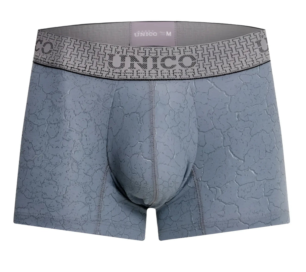 Gray unico men’s boxer briefs with cracked texture pattern and branded waistband in baldio trunks color 59-gray