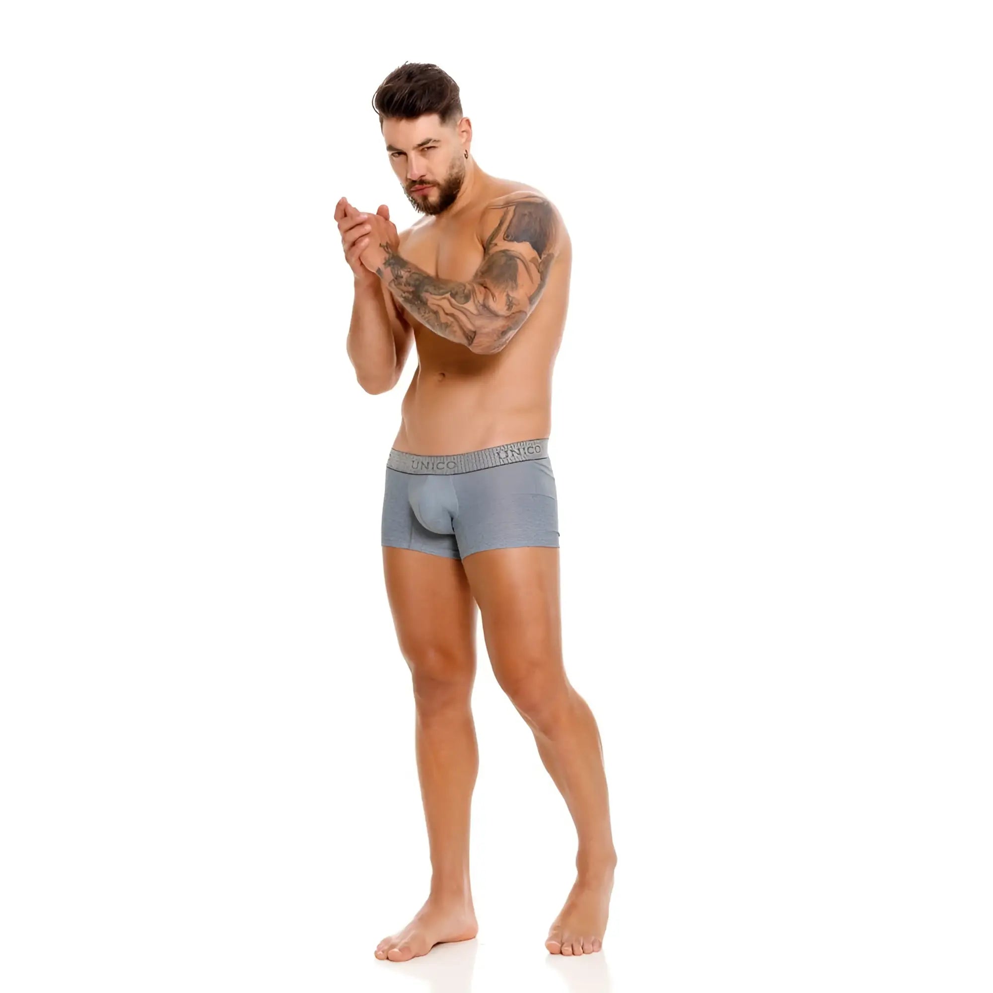 Gray unico 25020100116 baldio trunks with subtle textured waistband and branded unico logo in color 59-gray