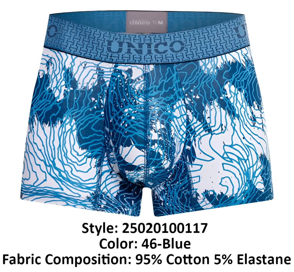 Unico 25020100117 barniz trunks blue men’s boxer briefs with blue and white pattern and geometric waistband design