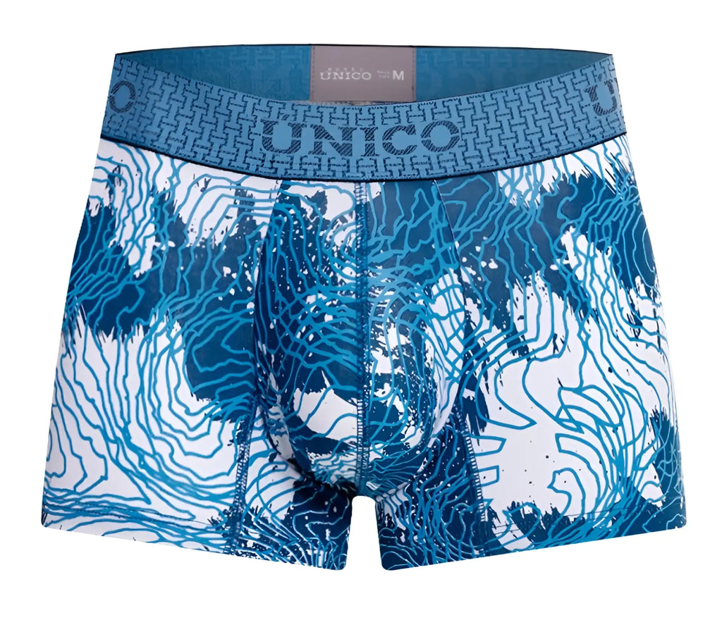 Unico 25020100117 barniz trunks blue men’s boxer briefs with blue and white pattern and geometric waistband design