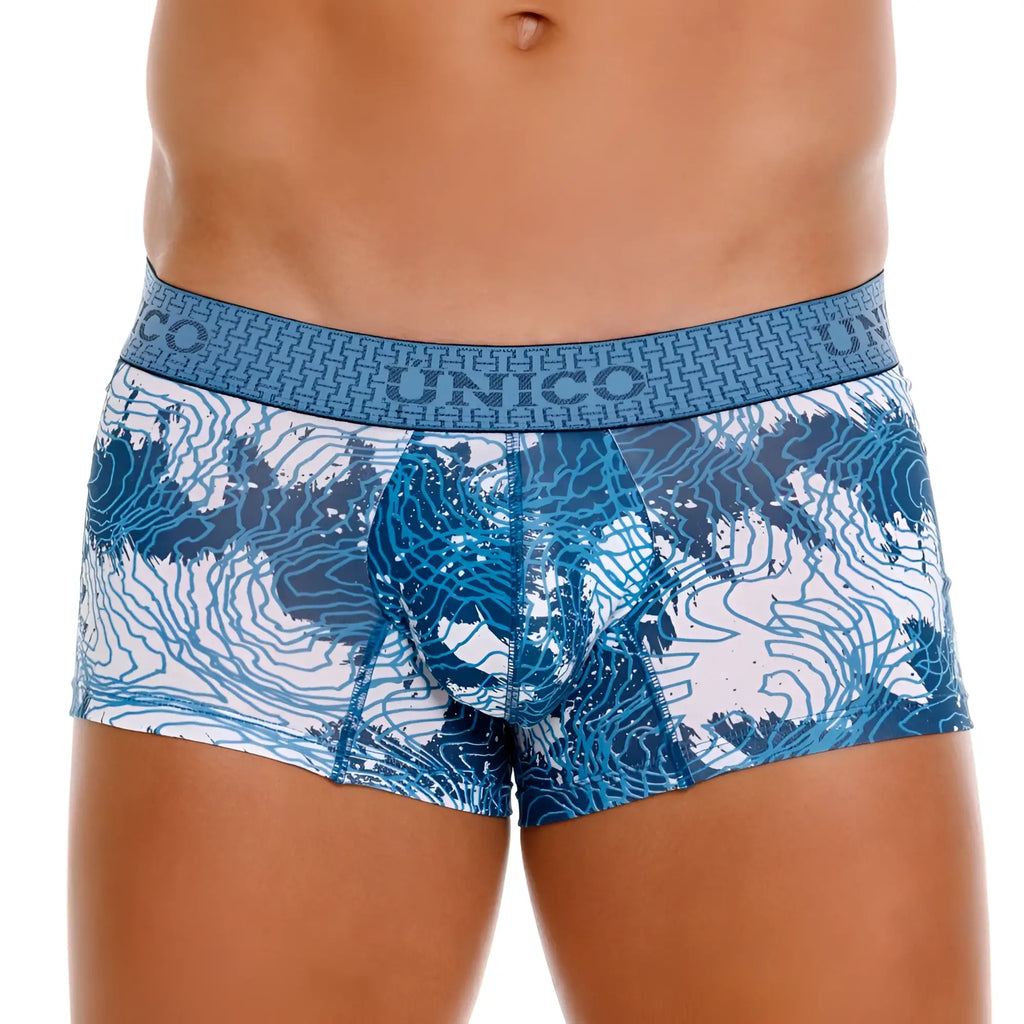 Unico 25020100117 barniz trunks blue mens boxer briefs with blue and white pattern and geometric waistband design