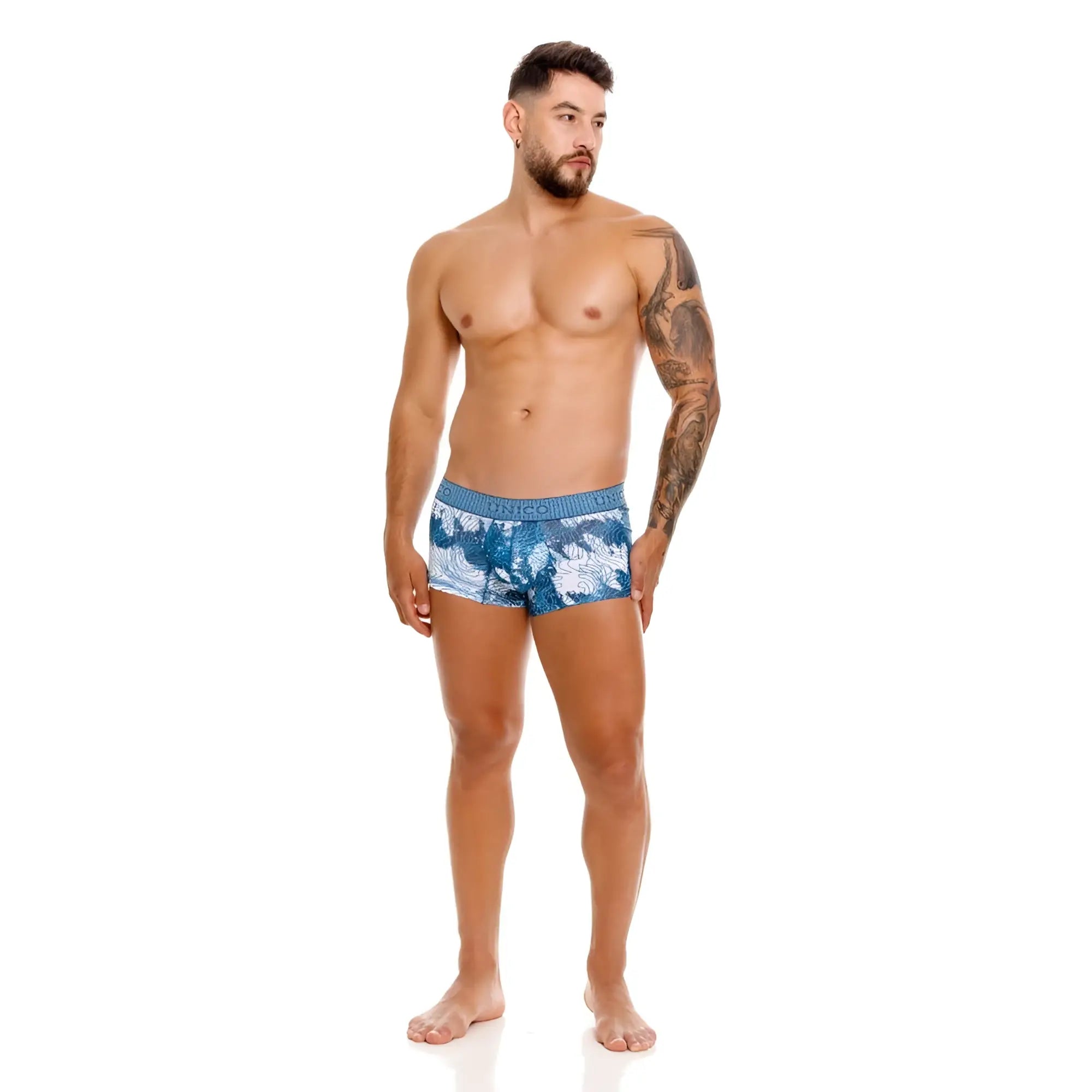 Unico 25020100117 barniz trunks men’s briefs in blue with white tropical leaf pattern front view
