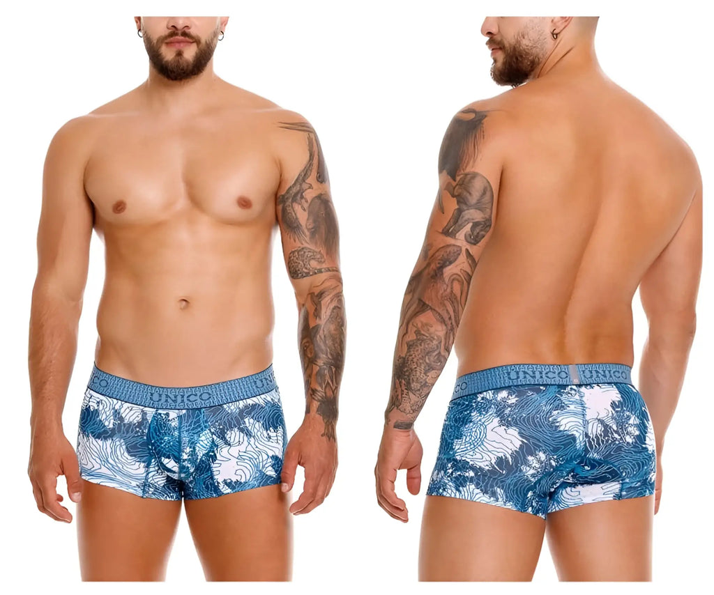 Blue and white wave-patterned unico 25020100117 barniz trunks with textured elastic waistband boxer briefs