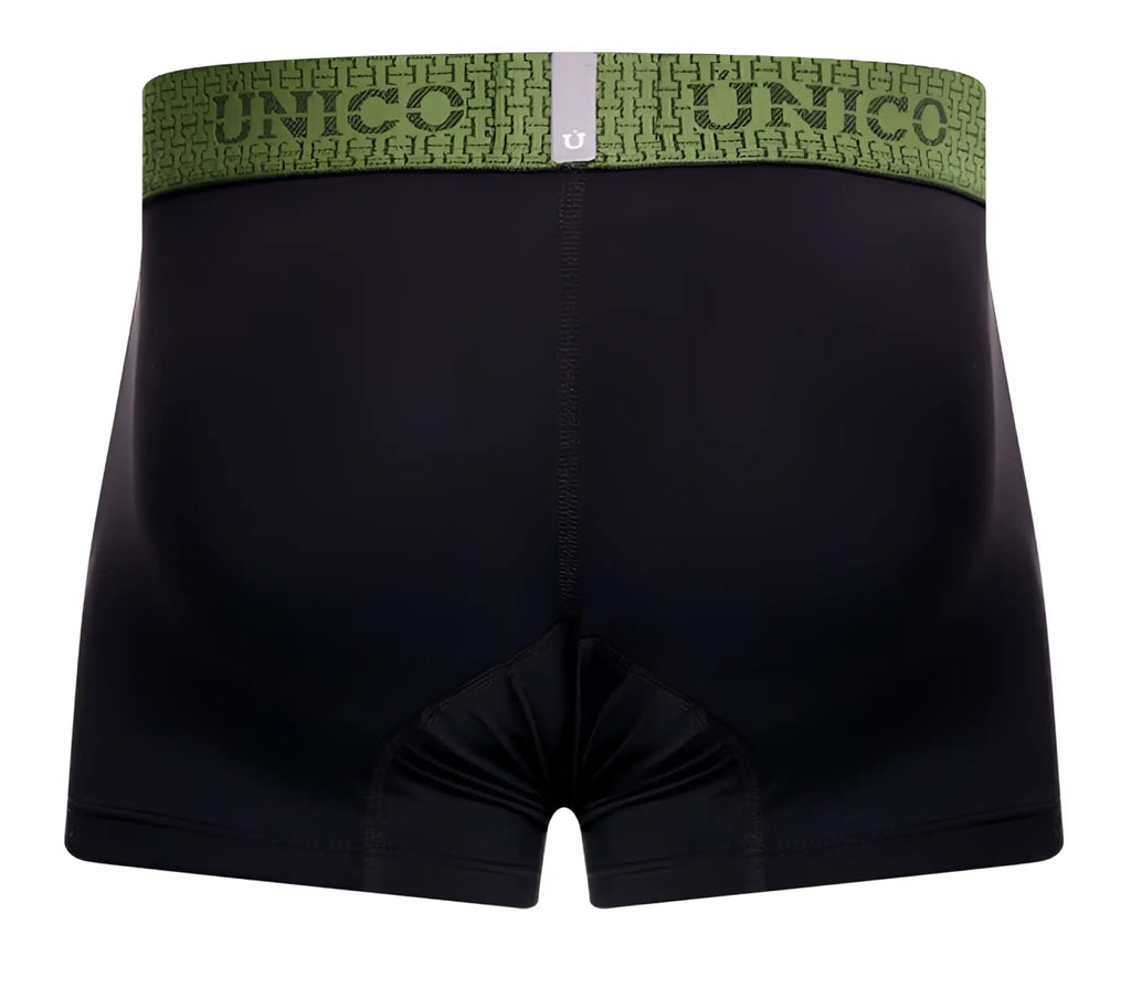 Black unico tribunal trunks with green patterned waistband featuring the brand name in color 99-black