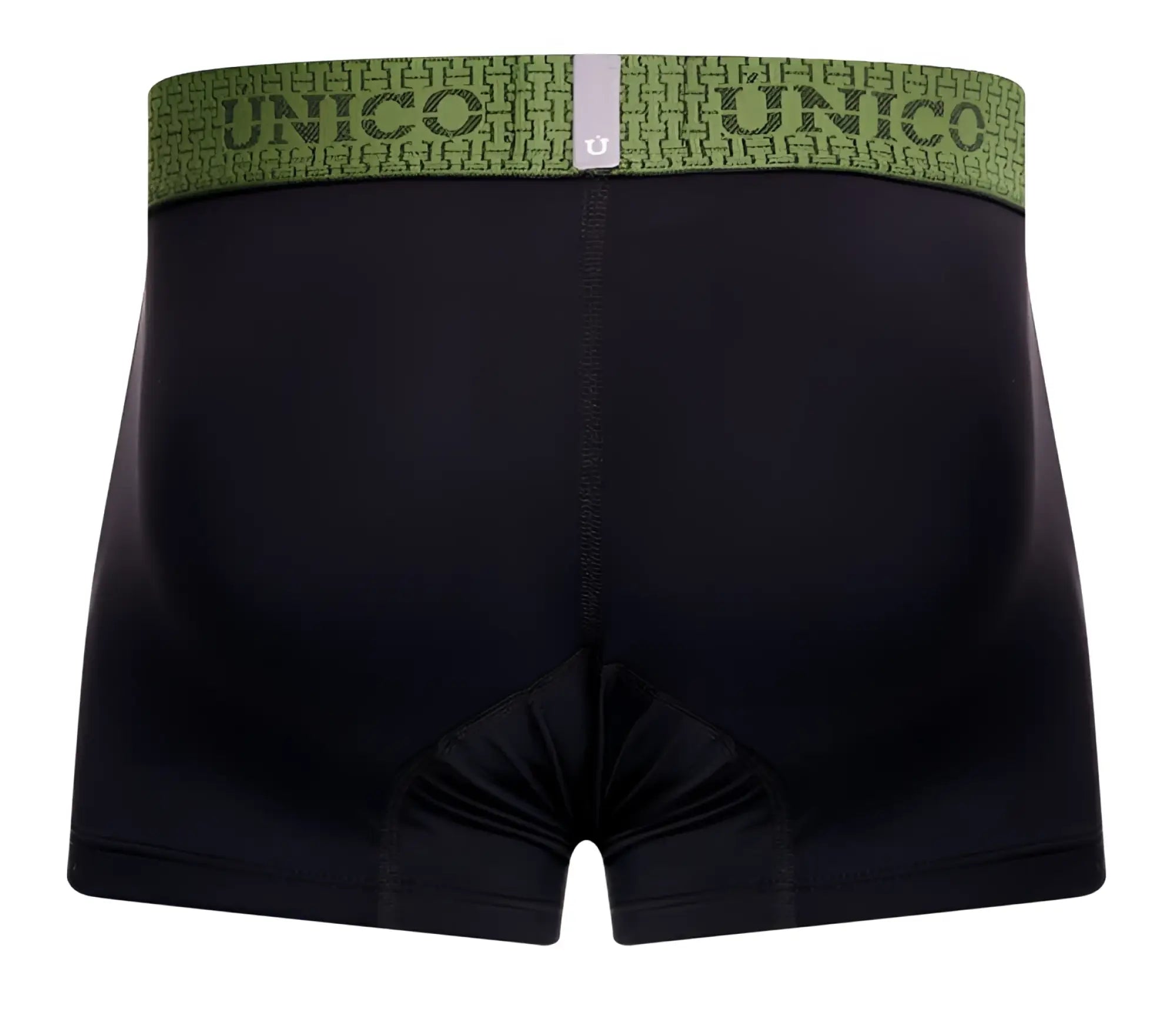 Black unico tribunal trunks with green patterned waistband featuring the brand name in color 99-black