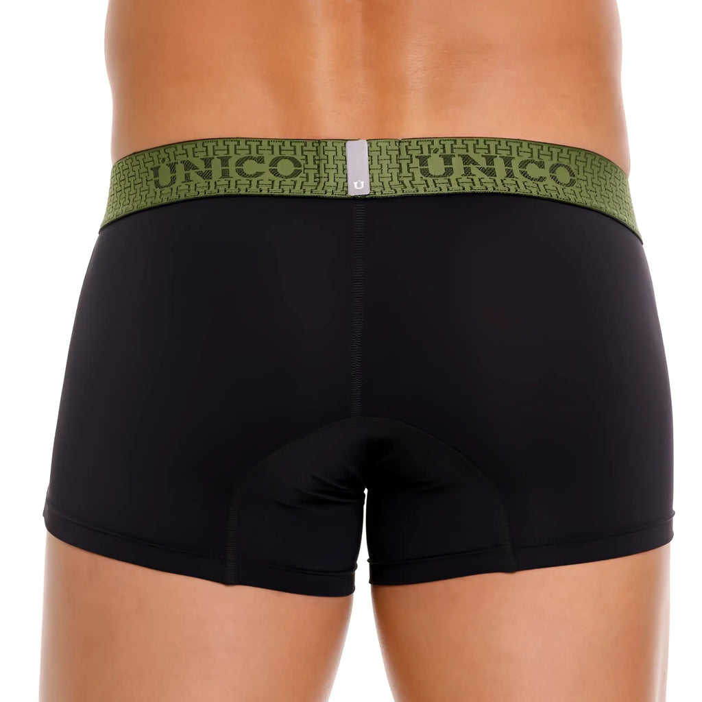Black unico boxer briefs tribunal trunks with olive green geometric waistband featuring brand name color 99 black