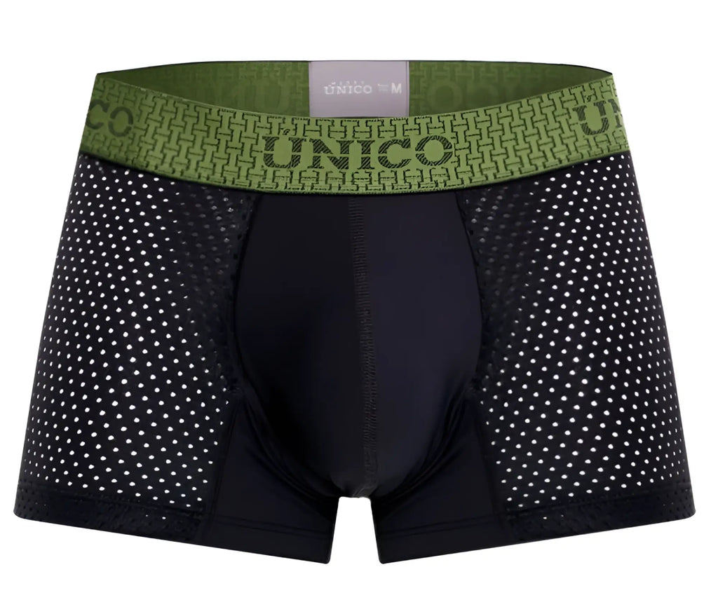 Black unico 25020100121 tribunal trunks boxer briefs with green patterned waistband and visible size label