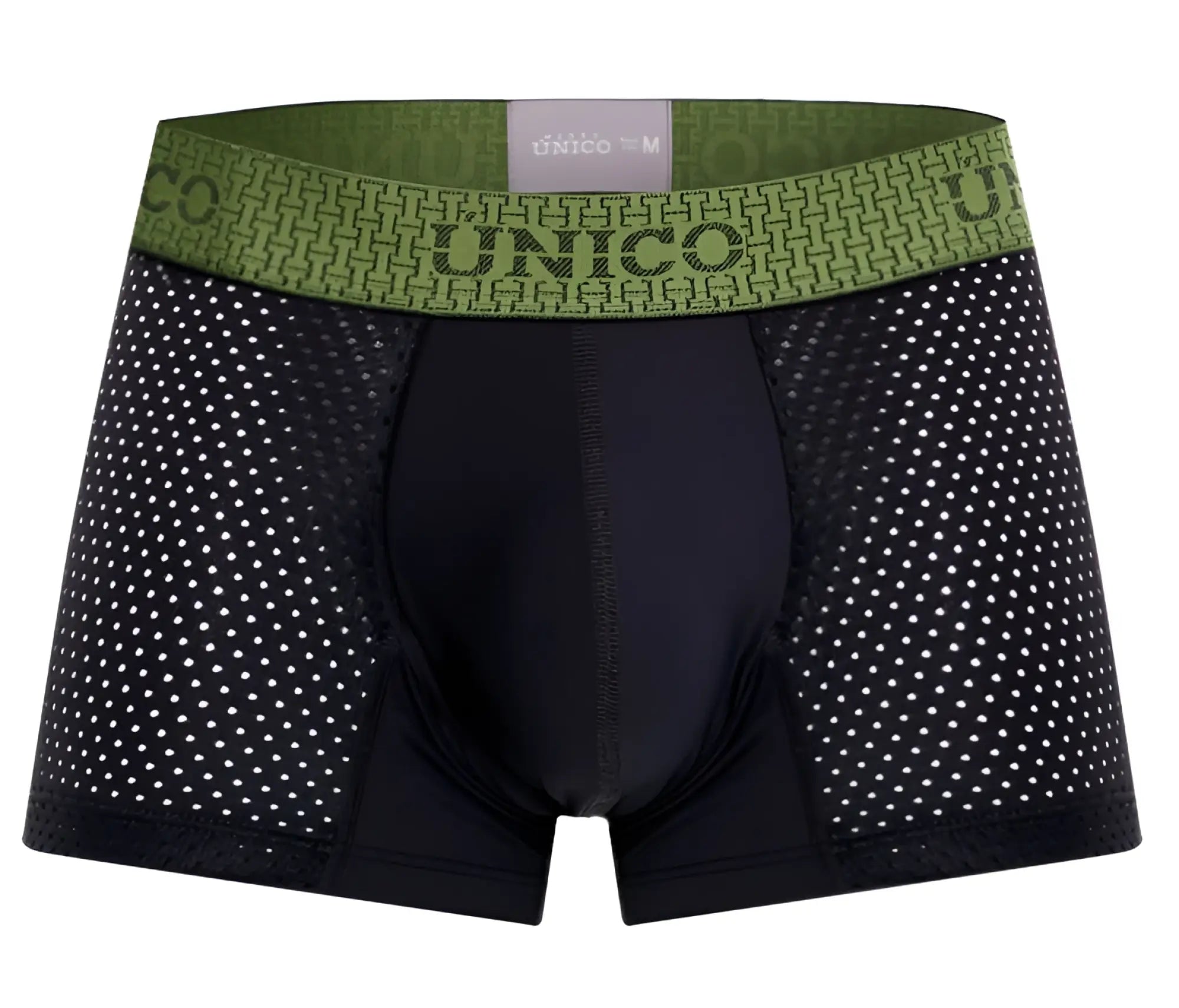 Black unico 25020100121 tribunal trunks boxer briefs with green patterned waistband and visible size label