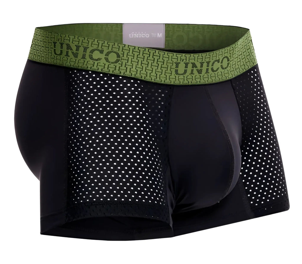 Black unico 25020100121 tribunal trunks boxer briefs with green patterned waistband featuring brand name