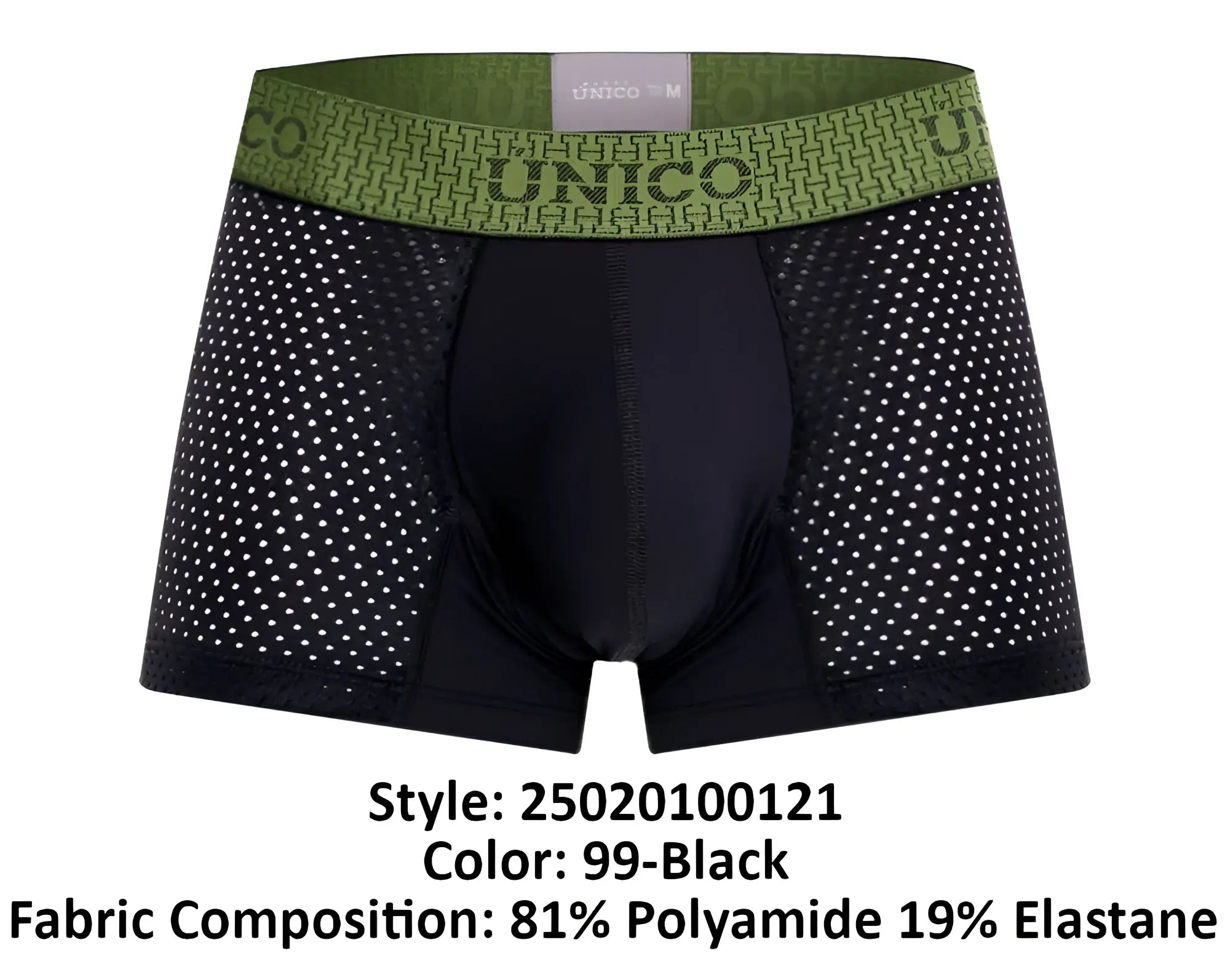 Black unico men’s boxer briefs with green patterned waistband featuring brand name tribunal trunks color 99 black
