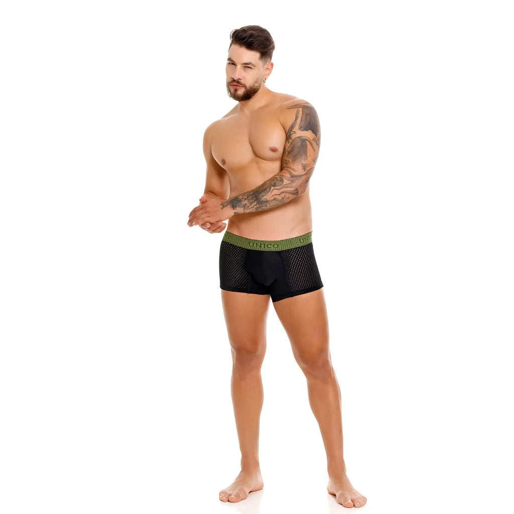 Unico 25020100121 tribunal trunks black mesh boxer briefs with green elastic waistband front view