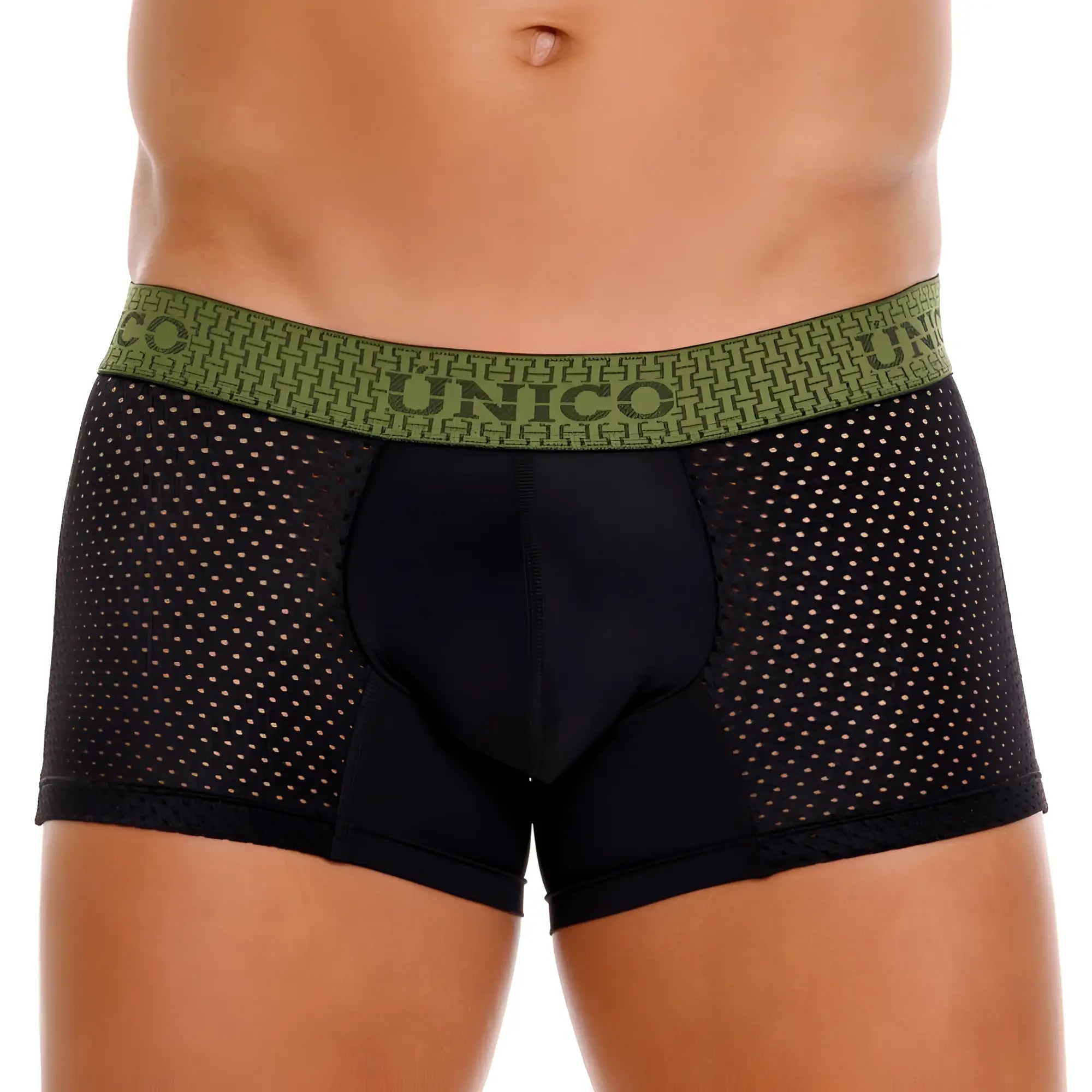 Black mesh unico 25020100121 tribunal trunks with olive green geometric waistband in black color