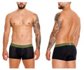 Black mesh unico tribunal trunks with green elastic waistband featuring unico brand name in front view