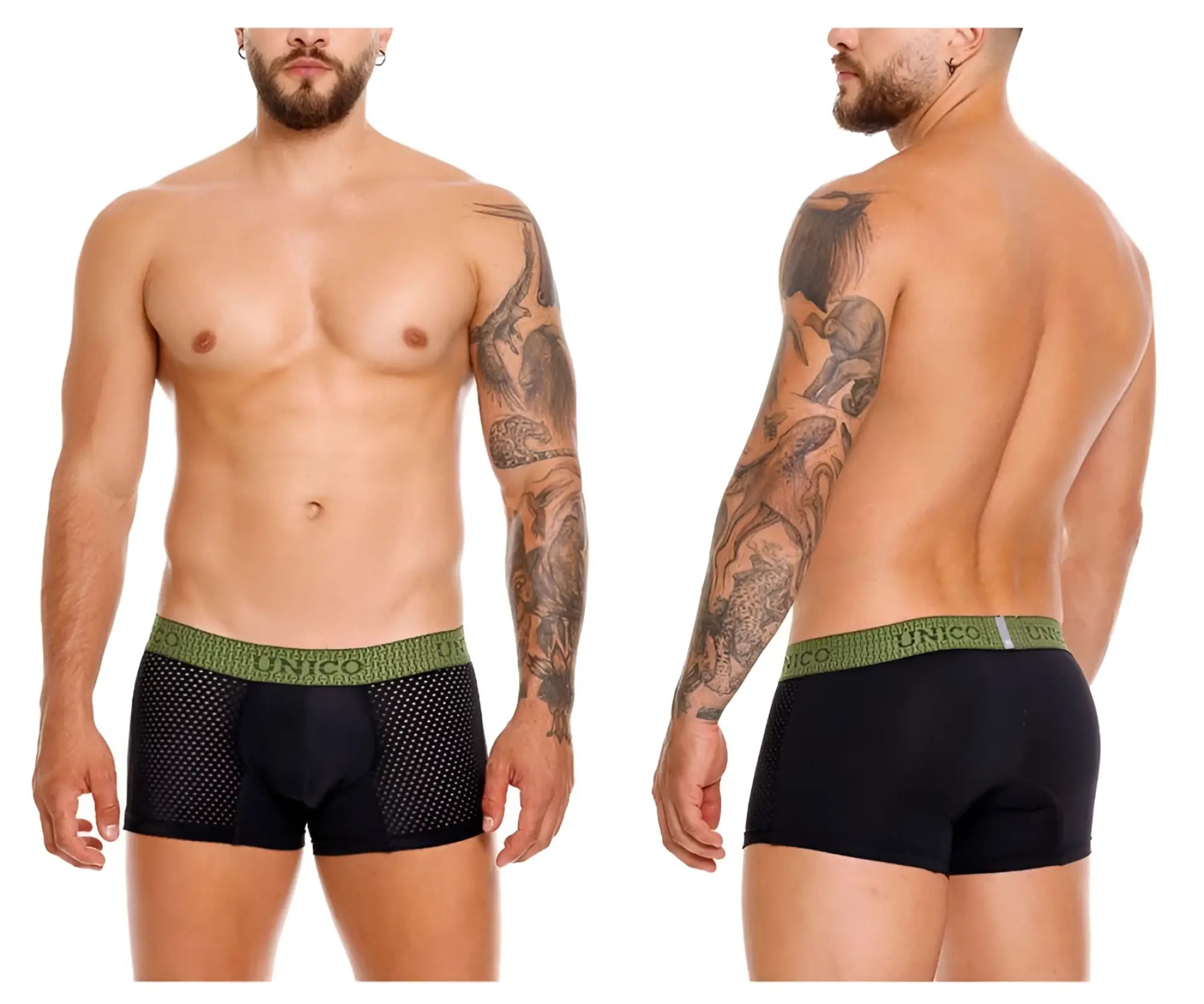 Black mesh unico tribunal trunks with green elastic waistband featuring unico brand name in front view