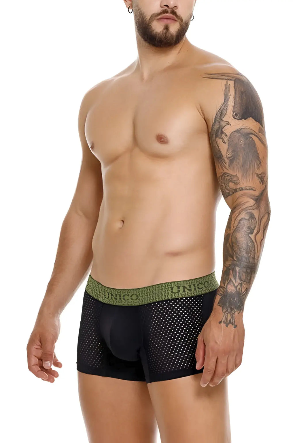 Black mesh unico 25020100121 tribunal trunks with olive green waistband and unico branding in color 99 black