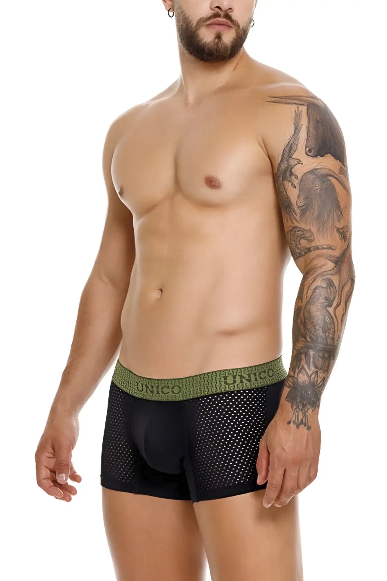 Black mesh unico 25020100121 tribunal trunks with olive green waistband and unico branding in color 99 black