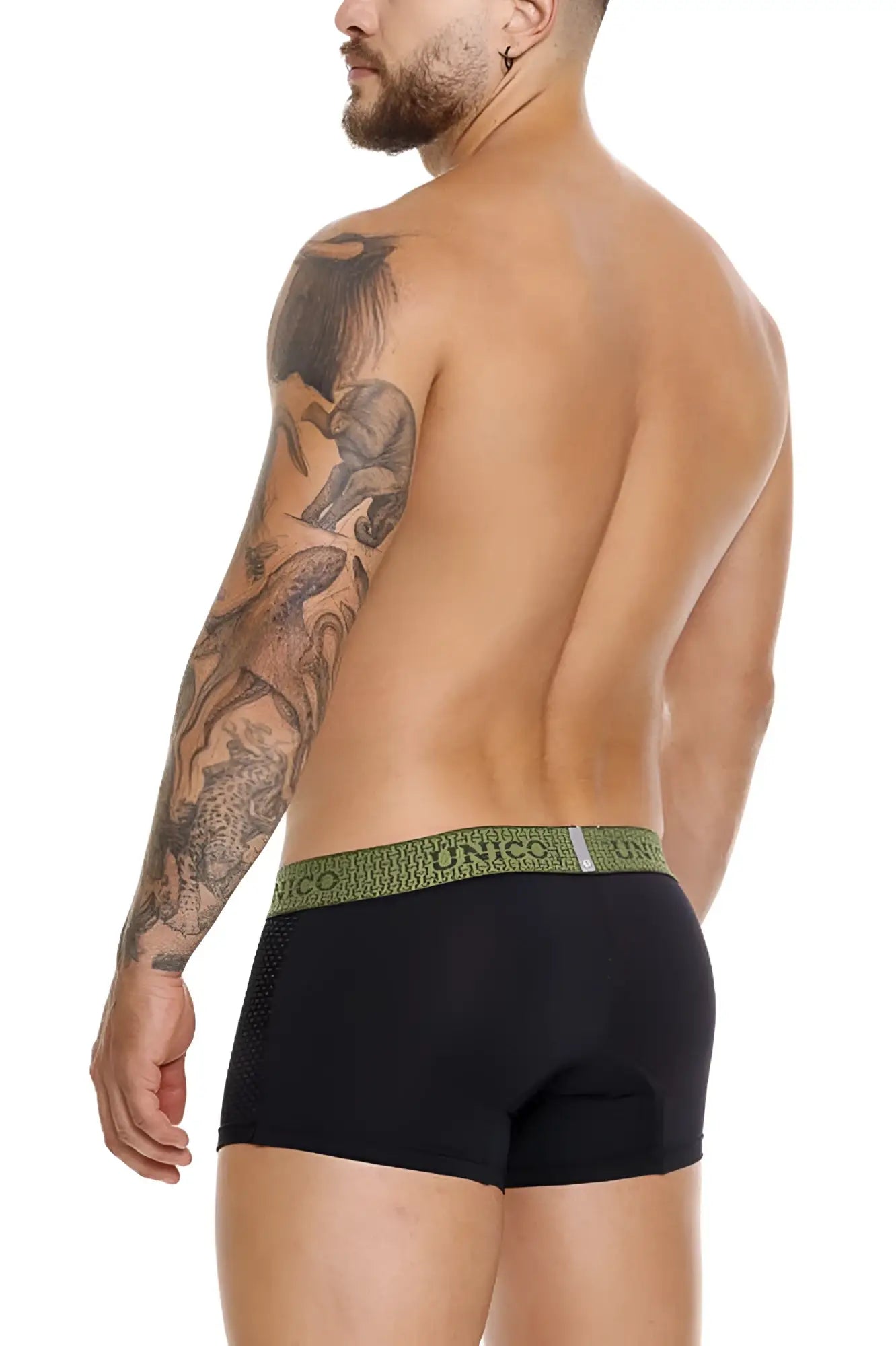 Black unico 25020100121 tribunal trunks with olive green elastic waistband and white unico branding
