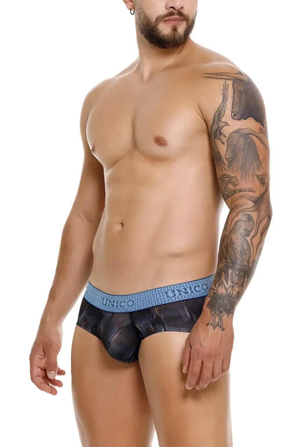 Unico epitome briefs in black with blue pattern and textured waistband designed for men’s comfort and style