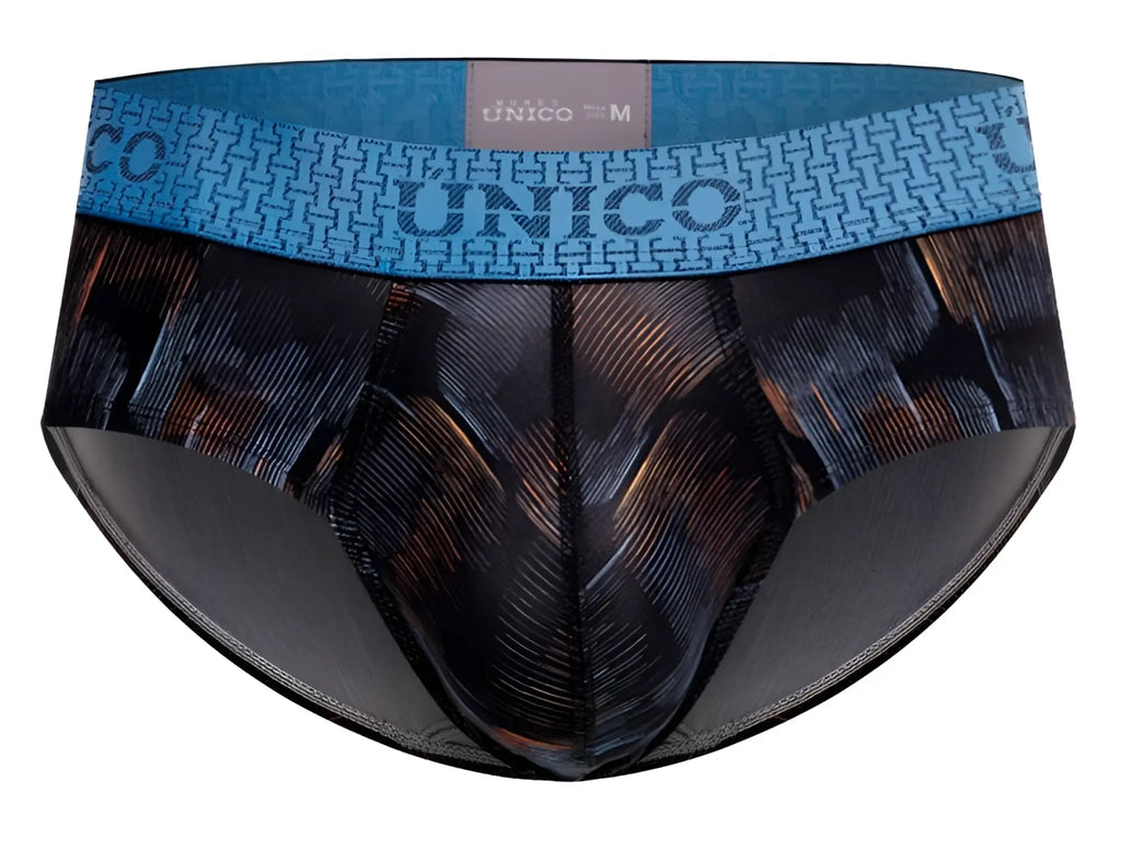 Blue and black patterned unico epitome briefs with geometric waistband design in color 99 black