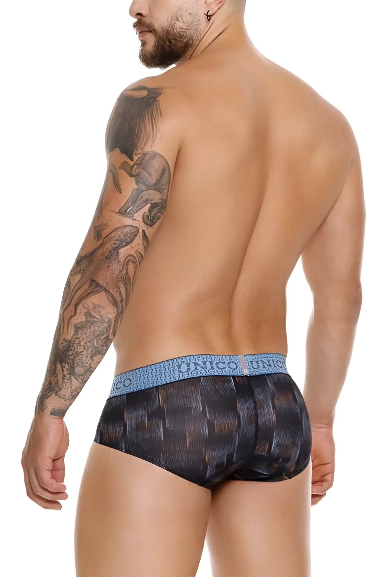 Unico 25020101102 Epitome briefs in black and blue feature a textured woven design in men’s patterned fabric