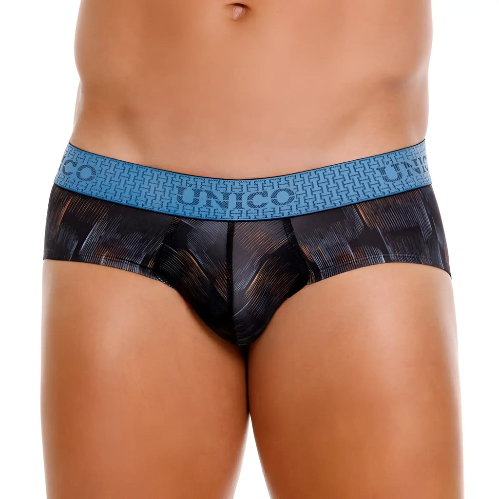 Black and blue patterned unico epitome briefs with textured waistband in color 99-black for men