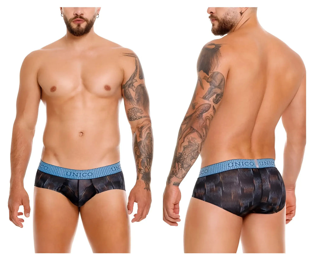 Unico epitome briefs in black feature a blue patterned textured woven design for men’s comfortable underwear