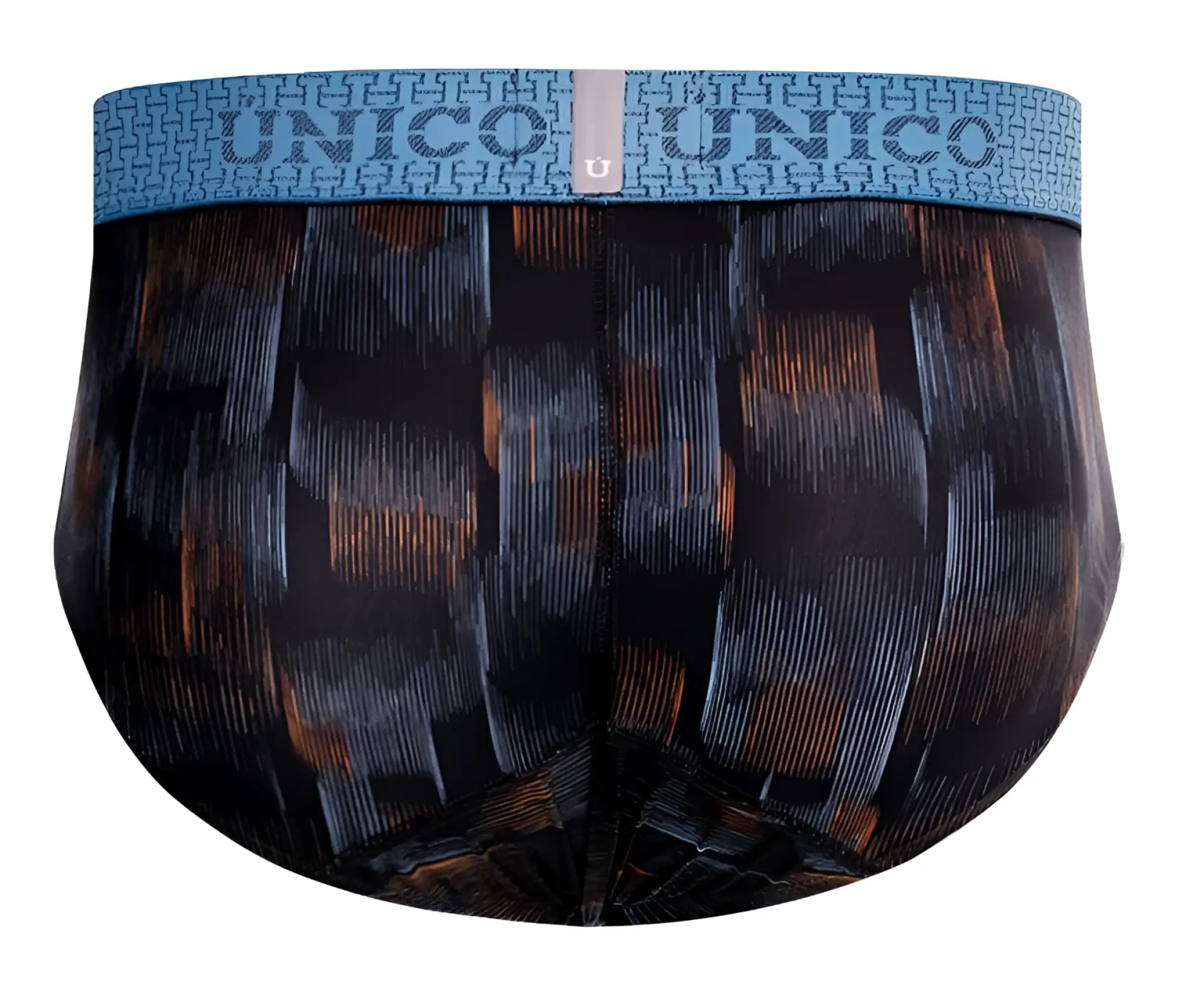 Unico 25020101102 Epitome briefs in black with orange geometric pattern and blue waistband featuring Unico brand name