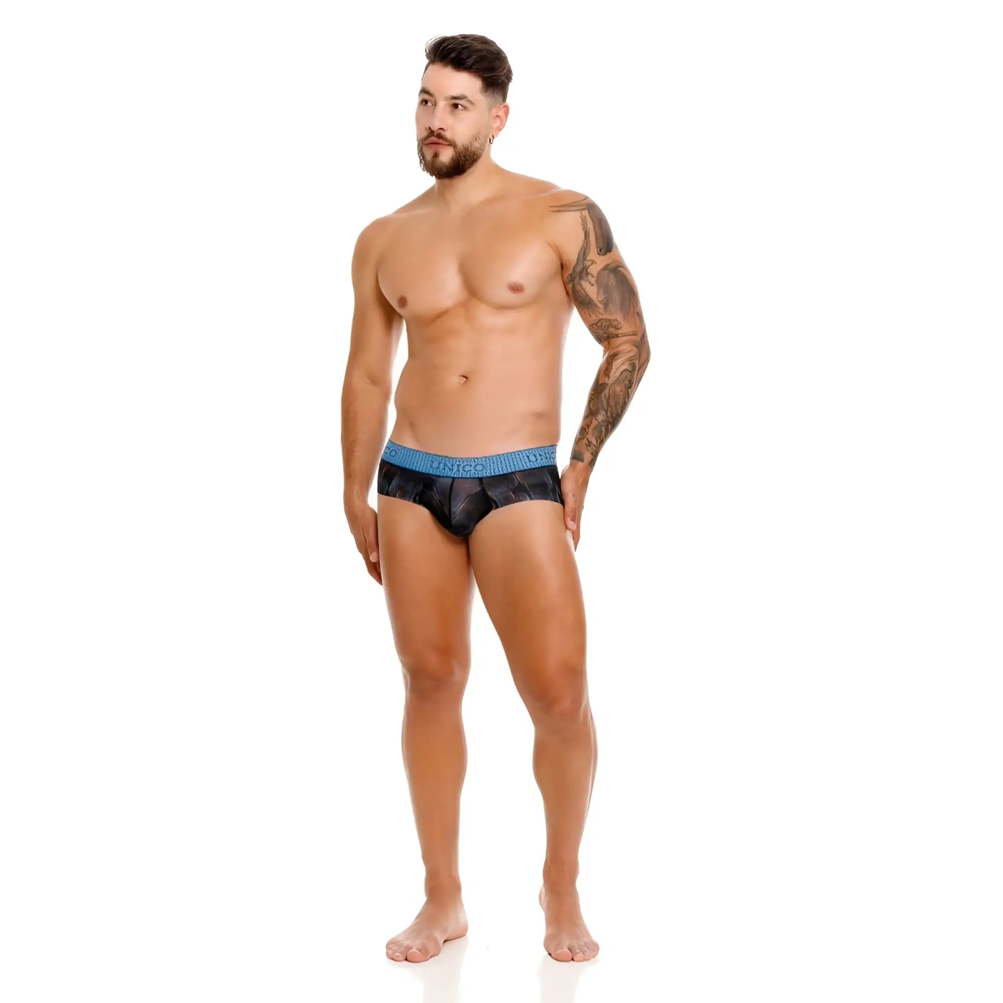 Black patterned unico epitome briefs with blue elastic waistband for comfortable everyday wear