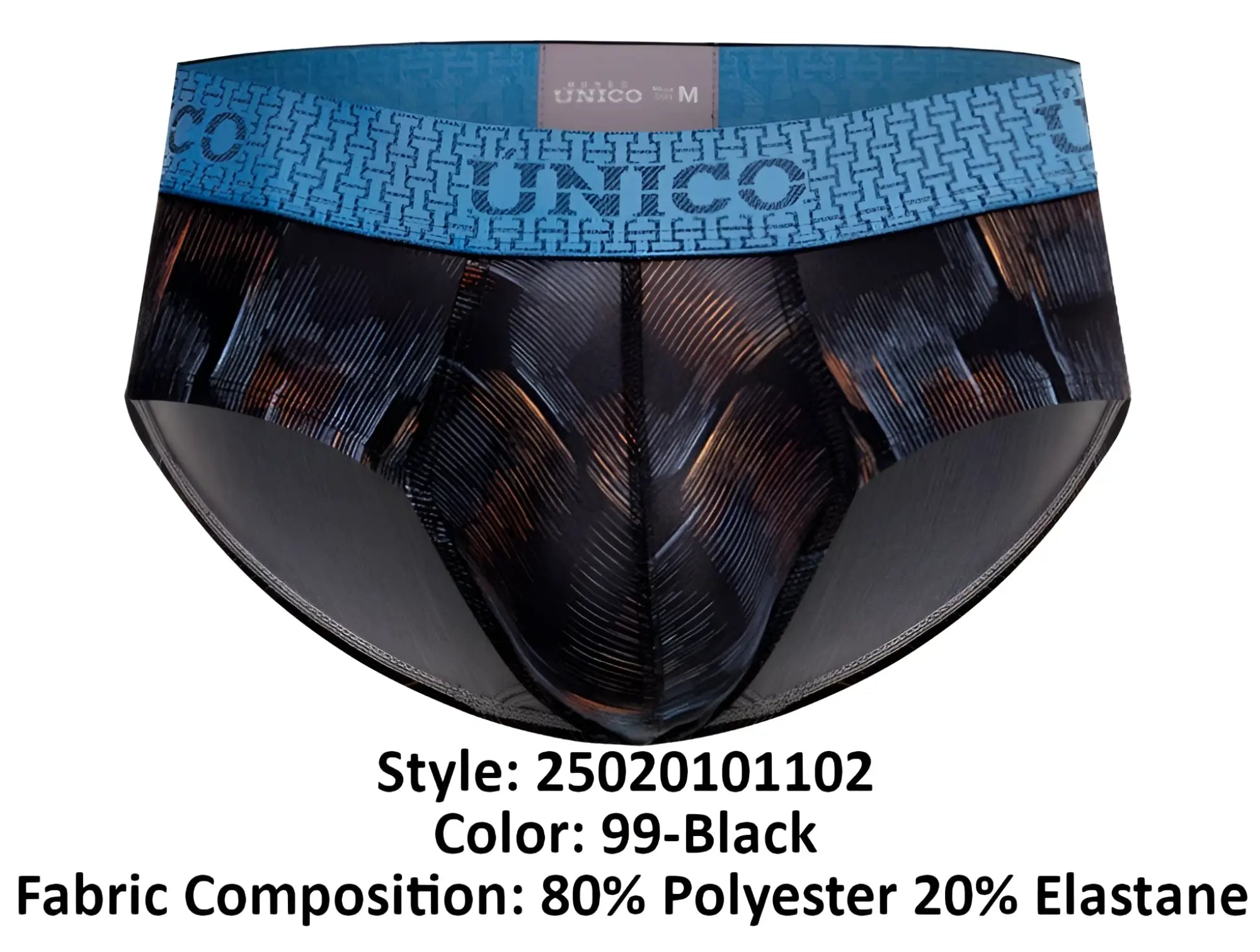Black patterned briefs with blue waistband featuring unico logo epitome briefs color 99-black front view