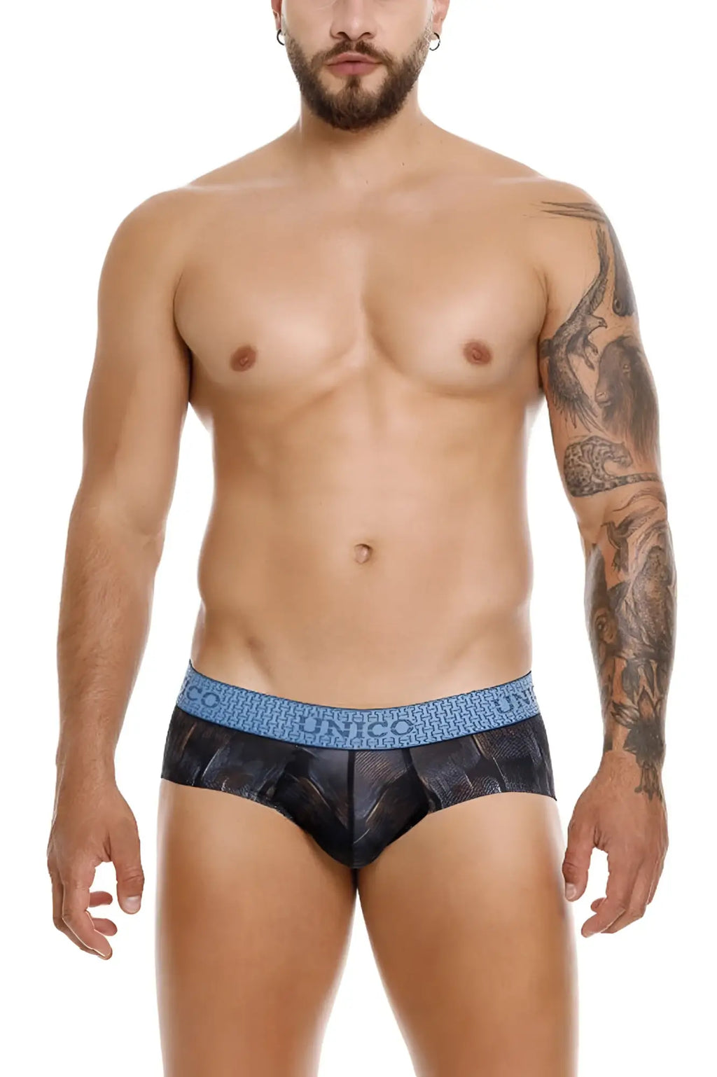 Black textured Unico 25020101102 Epitome briefs with a blue elastic waistband featuring the Unico brand name