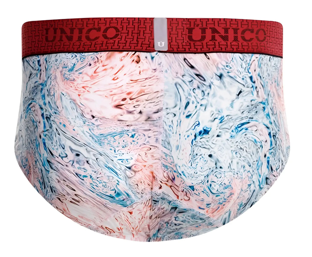 Unico 25020101103 rizo briefs mens underwear with vibrant blue pink white marble pattern and red elastic waistband