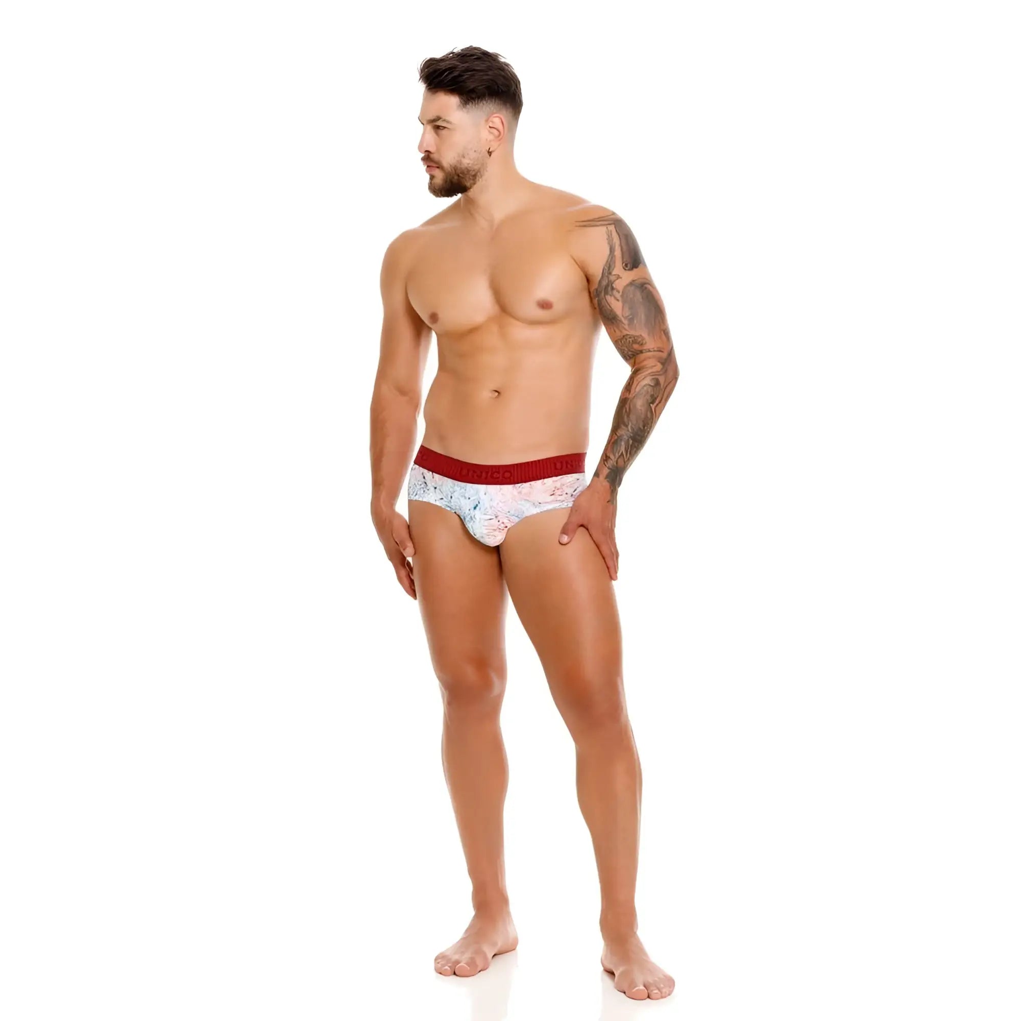 Unico Rizo white briefs with white pattern and red waistband made from soft cotton blend for everyday comfort