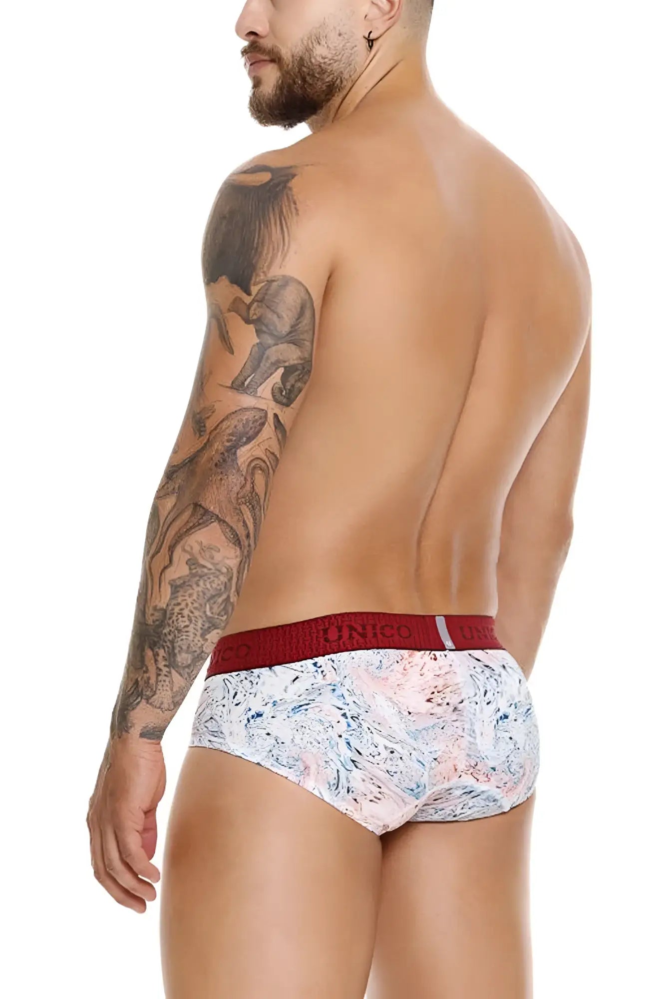 Unico 25020101103 Rizo briefs white with pink and blue marble pattern and red elastic waistband front view