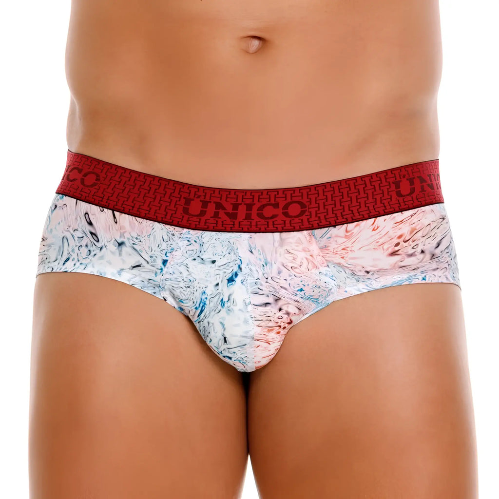 Unico rizo briefs in white with a red and white marbled pattern and bold red waistband for comfortable wear