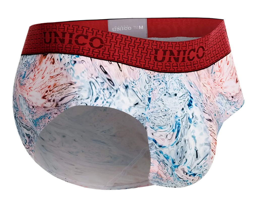 Unico rizo briefs in white feature red and white bold abstract watercolor pattern for men