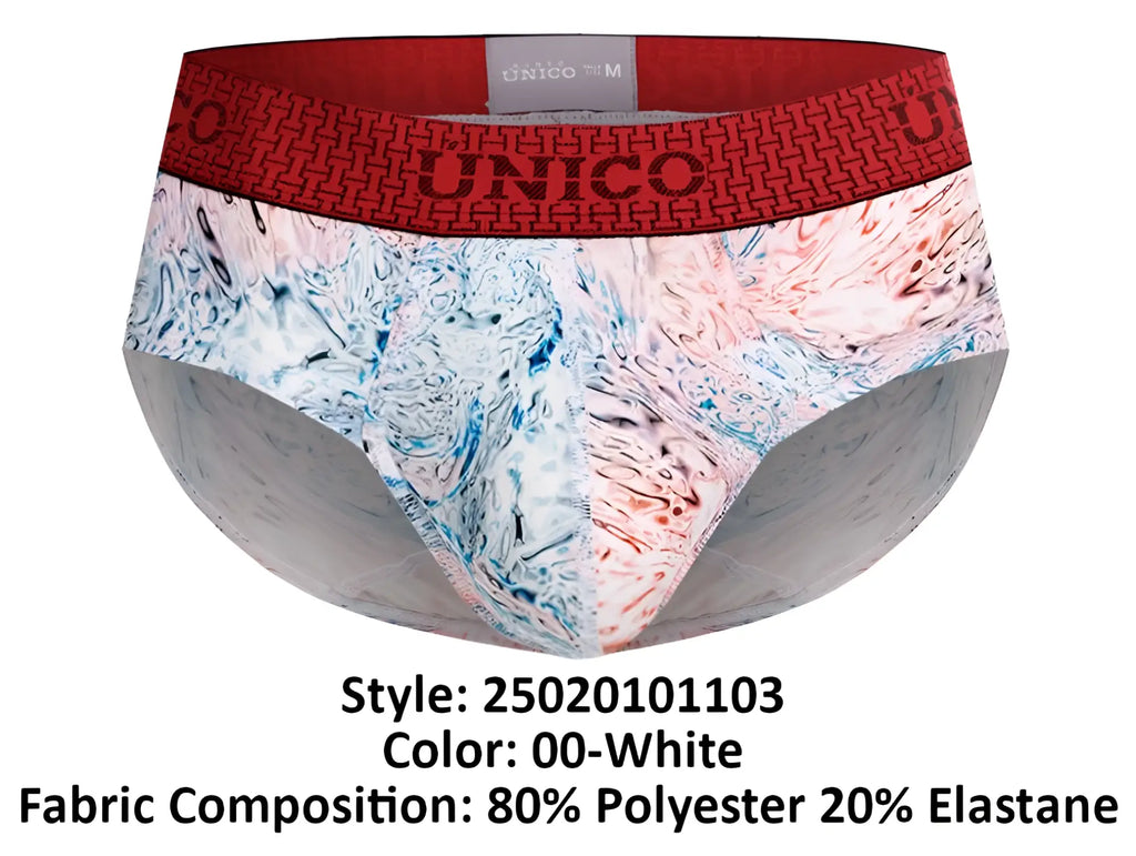 Unico 25020101103 Rizo briefs for men in white with red marble-like patterned fabric for comfortable wear