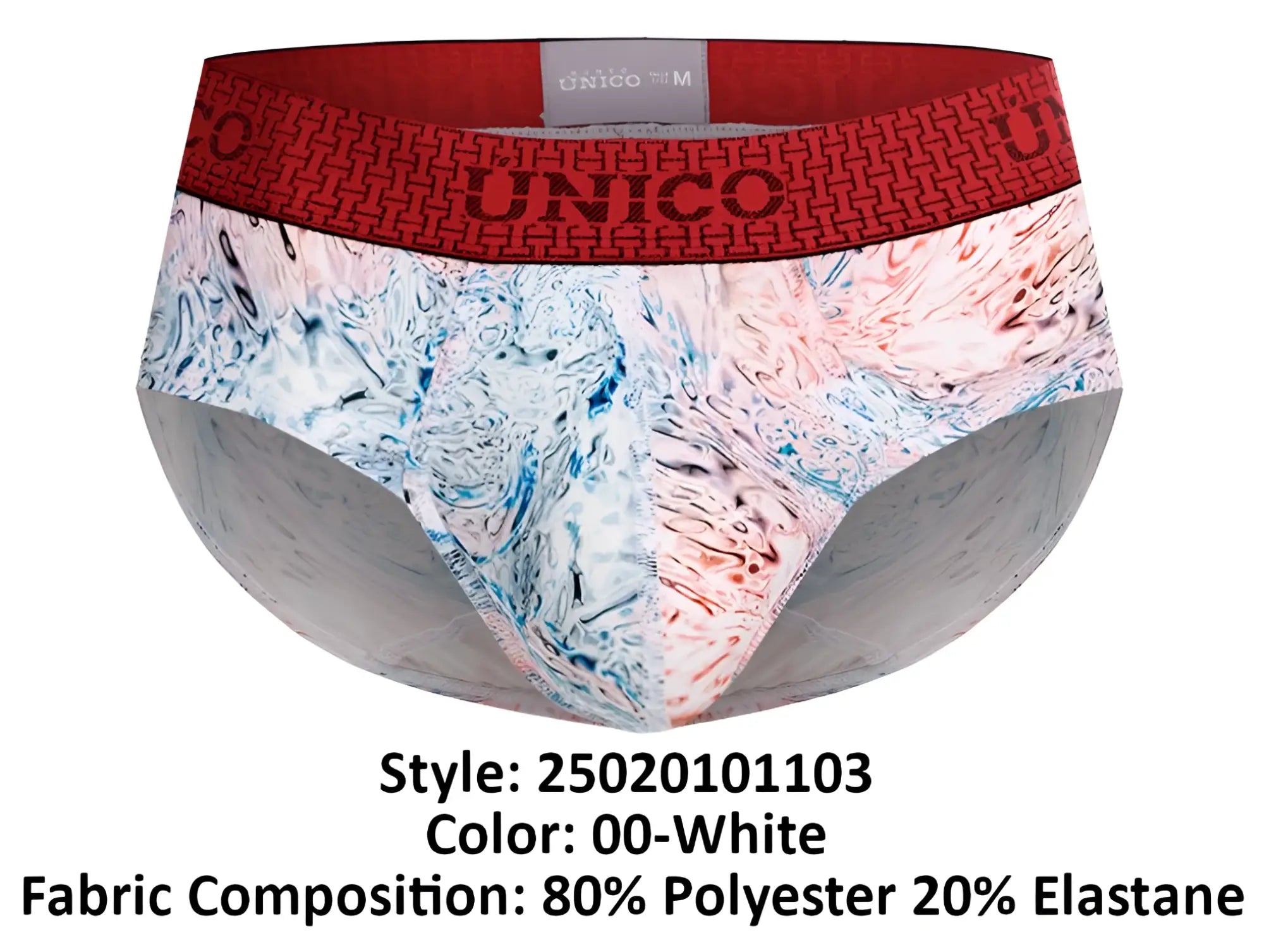 Unico 25020101103 Rizo briefs for men in white with red marble-like patterned fabric for comfortable wear