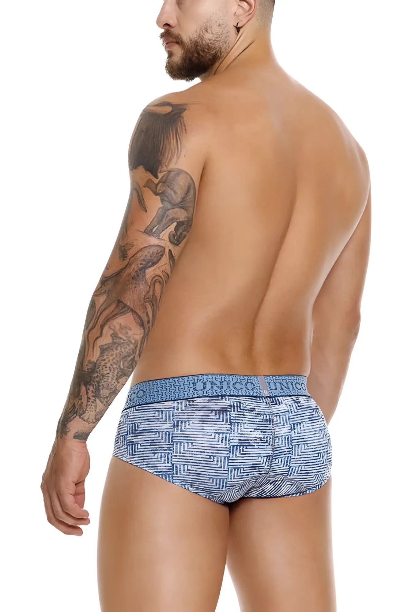 Blue unico ostion briefs with geometric pattern and logo waistband in color 46-blue for comfortable wear