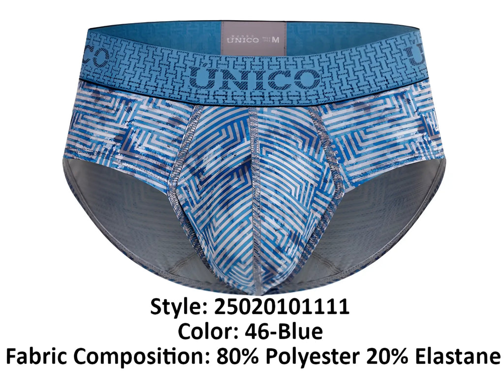 Unico Ostion briefs in blue with a geometric pattern and elastic waistband for comfortable everyday wear