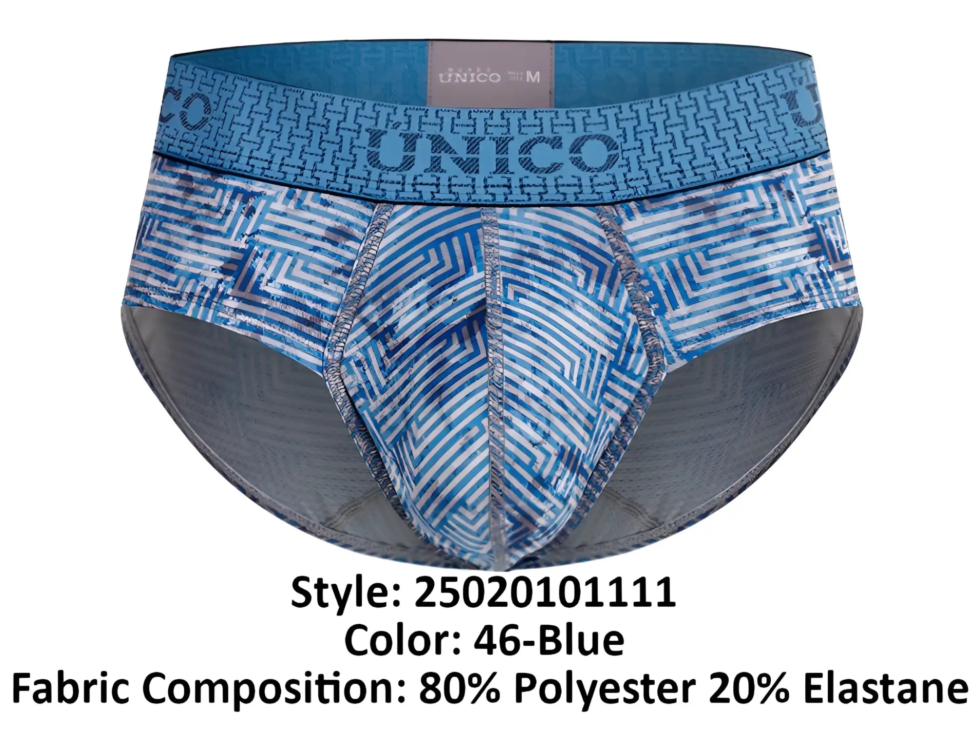 Unico Ostion briefs in blue with a geometric pattern and elastic waistband for comfortable everyday wear