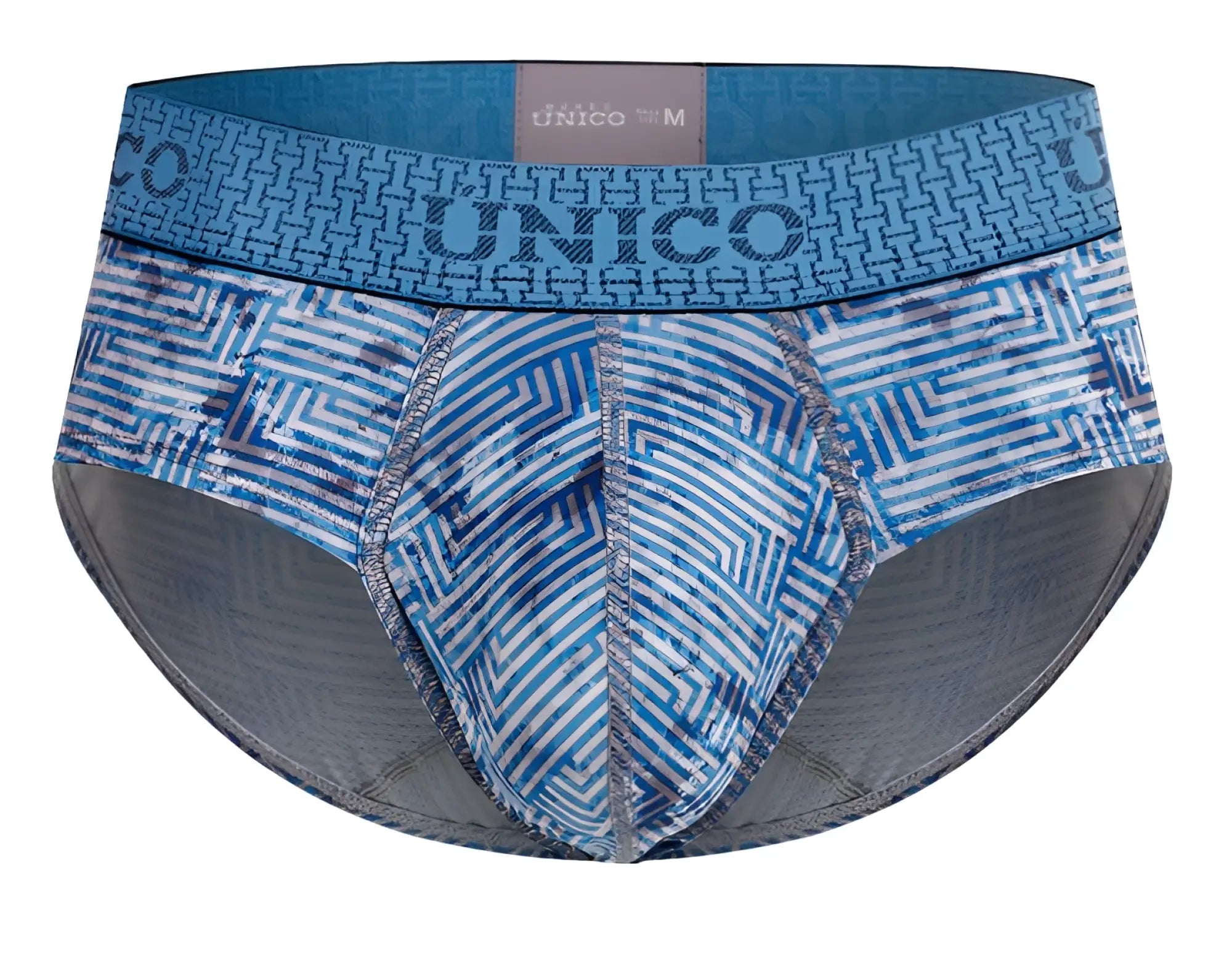 Unico 25020101111 ostion briefs in blue feature geometric patterns and a gray inner lining for men